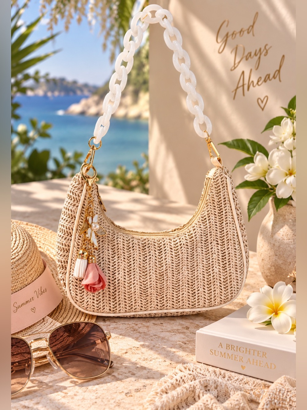 Woven Straw Shoulder Bag with White Chain Handle
